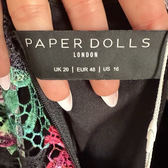 PAPER DOLLS London High Neck Black Pink Floral Crochet Lace Pencil Midi Dress 16 - Picture 13 of 15